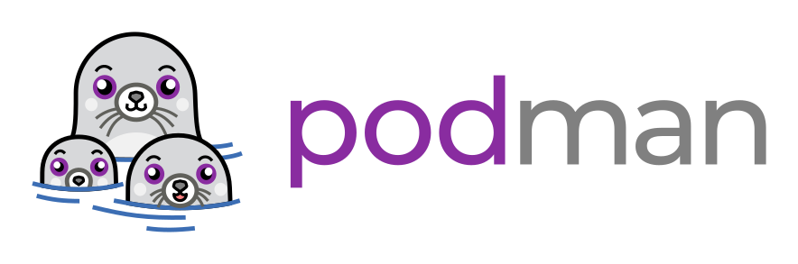 Podman logo with three seals next to the podman text logo